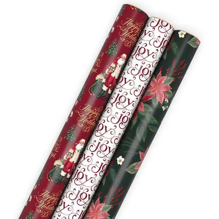 Tidings of Joy 3-Pack Assortment Wrapping Paper Roll Bundle, 120 sq. ft. total