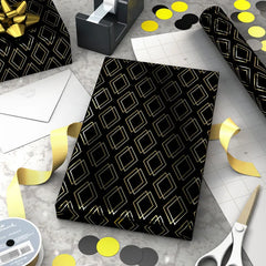 Shadow Diamonds on Metallic Black Wrapping Paper Roll, 17.5 sq. ft.