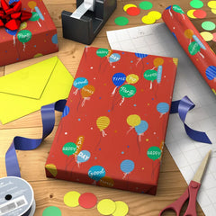 Balloon Bouquets on Red Birthday Wrapping Paper Roll, 20 sq. ft.
